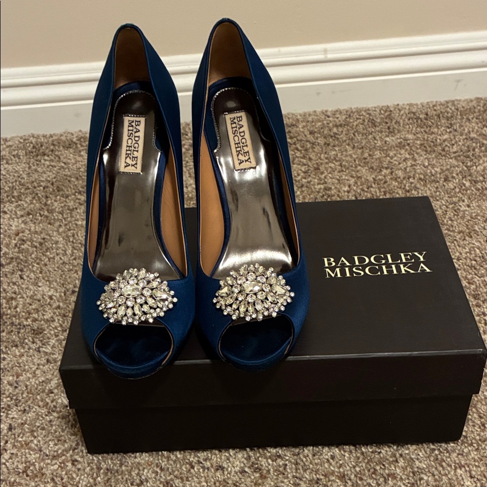 Badgley Mischka Navy Peep Toe Heels with Crystal Embellishment